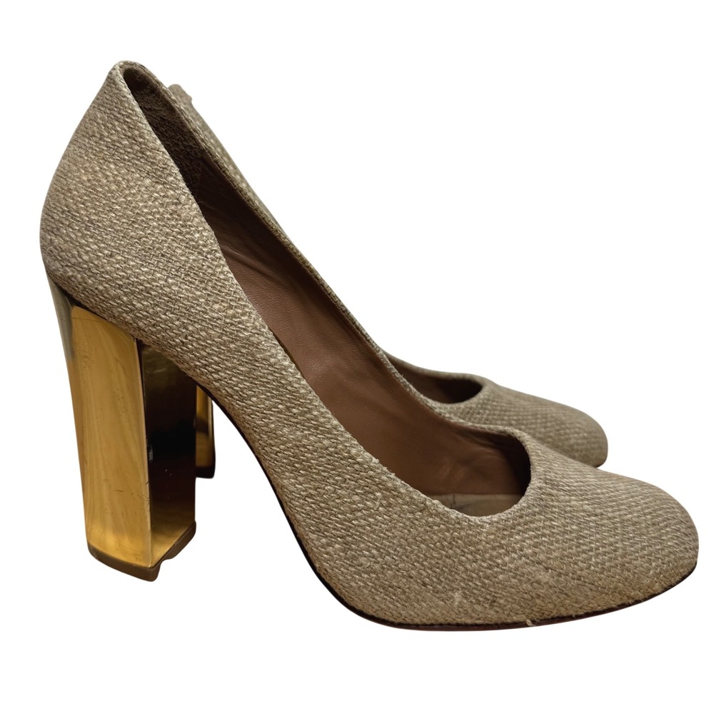 Tory Burch Woven Fabric Block Heel Pumps Beige Gold Metallic Round Toe Size 7M